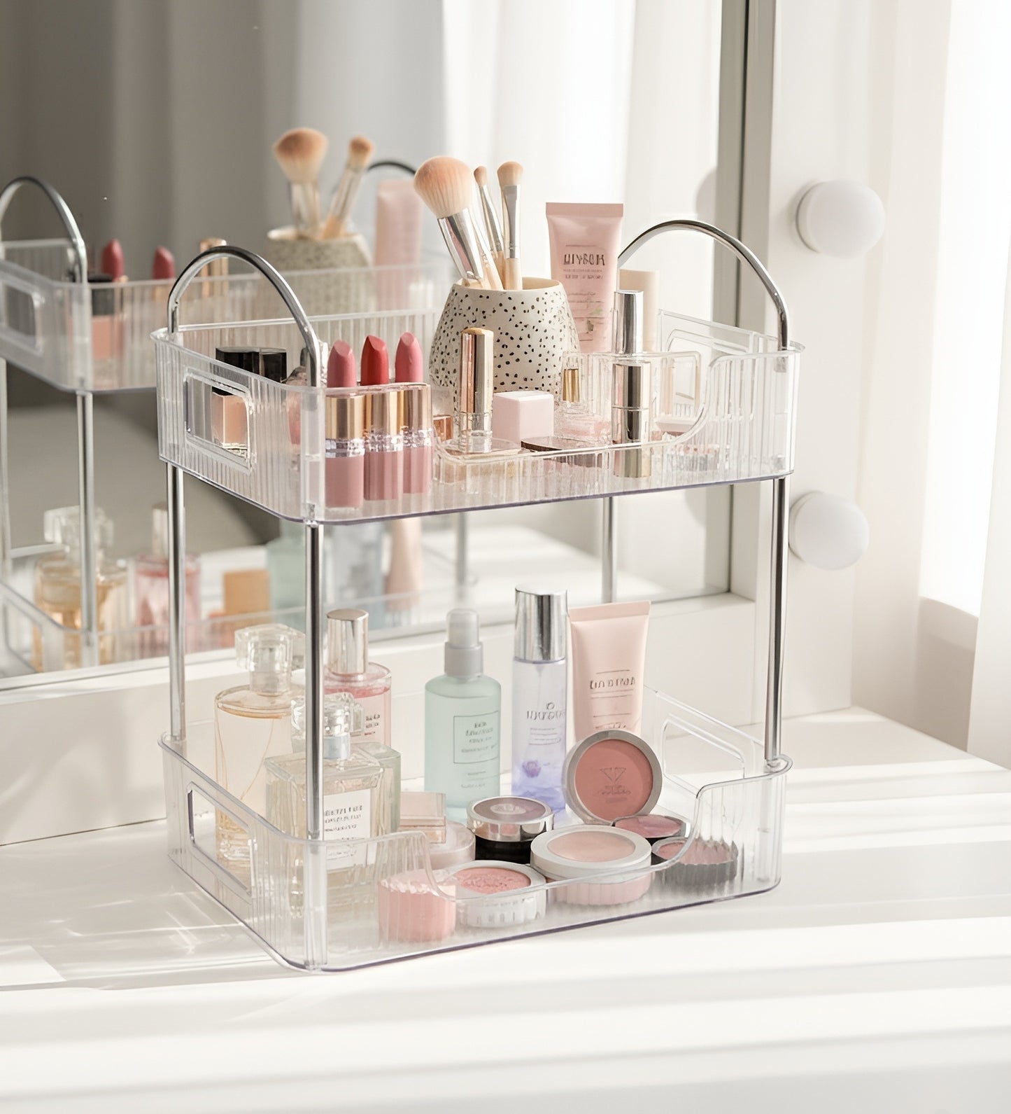 Şeffaf İki Katlı Makyaj ve Kozmetik Düzenleyici Raf