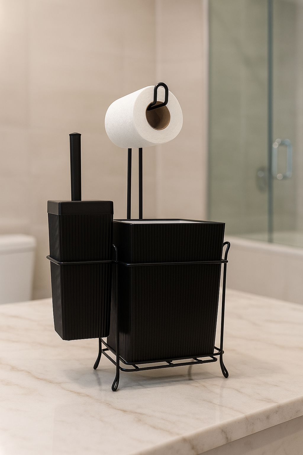 Demir Standlı Tuvalet Fırçalığı ve Çöp Kovası Seti – Modern Banyo Aksesuarı