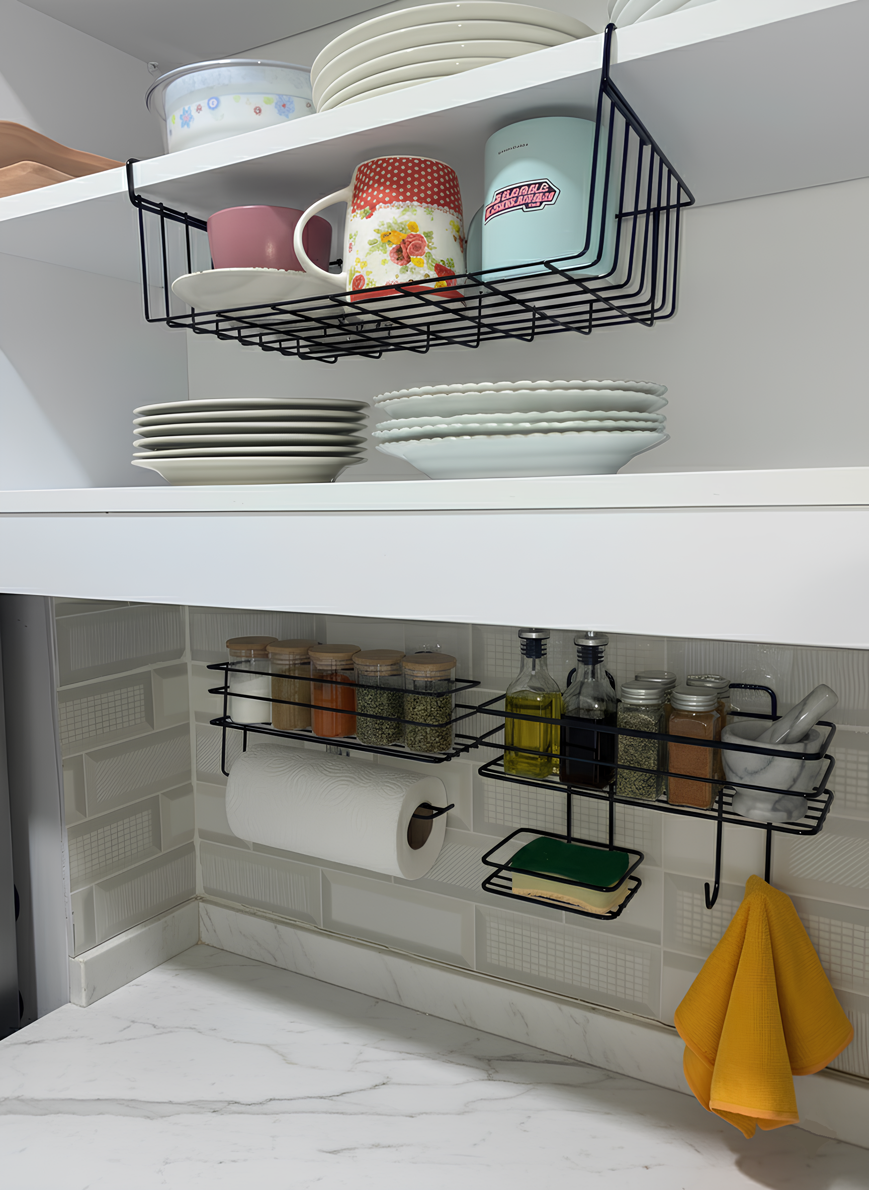 3 Adet Çok Amaçlı Dolap ve Tezğah Düzenleyici İçi Telli Raf Seti – Baharatlık, Kağıt Havluluk ve Askılı Organizer