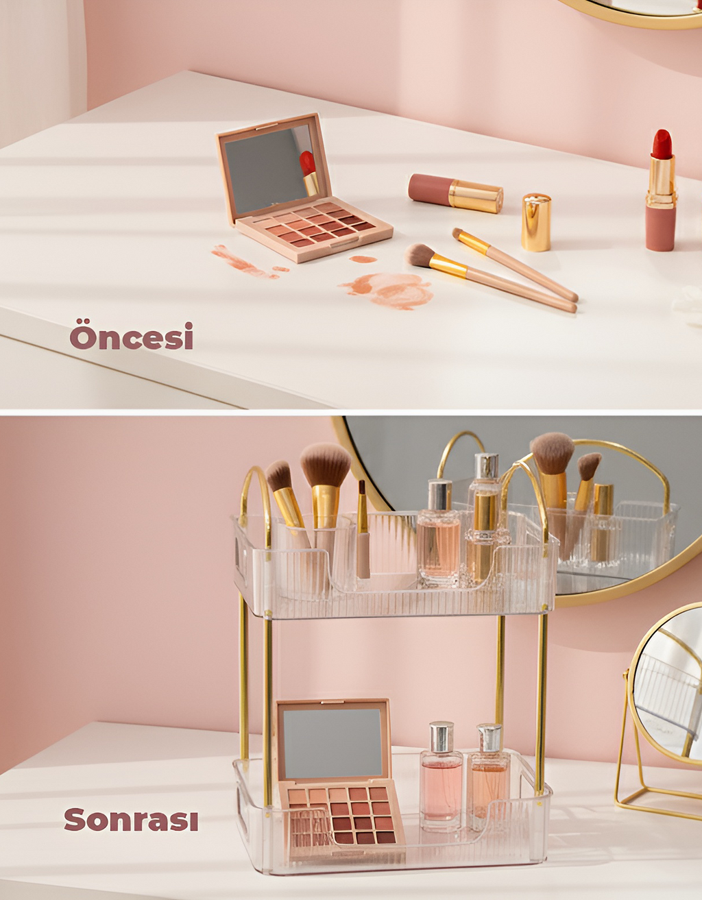 Şeffaf İki Katlı Makyaj ve Kozmetik Düzenleyici Raf