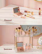 Şeffaf İki Katlı Makyaj ve Kozmetik Düzenleyici Raf