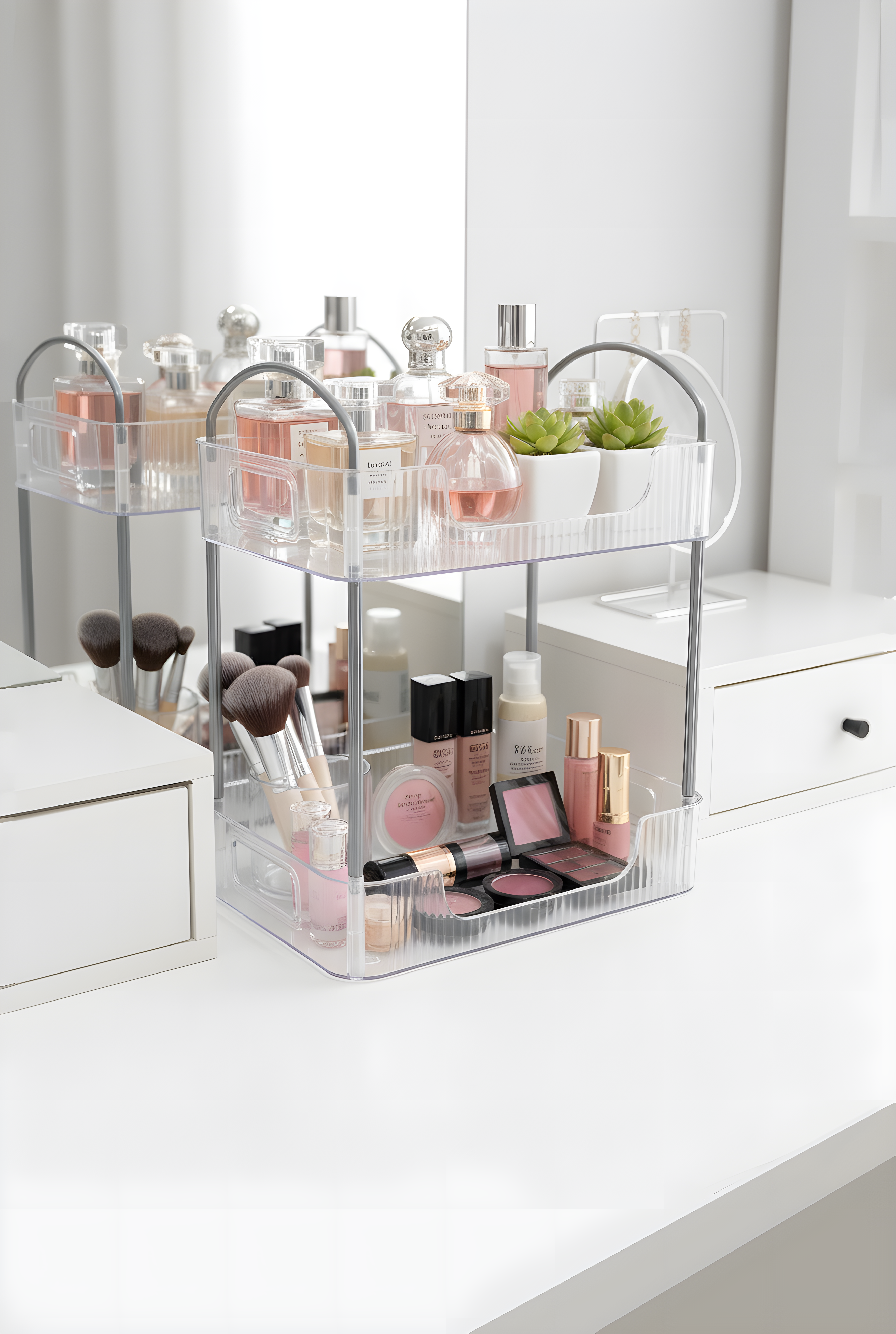 Şeffaf İki Katlı Makyaj ve Kozmetik Düzenleyici Raf