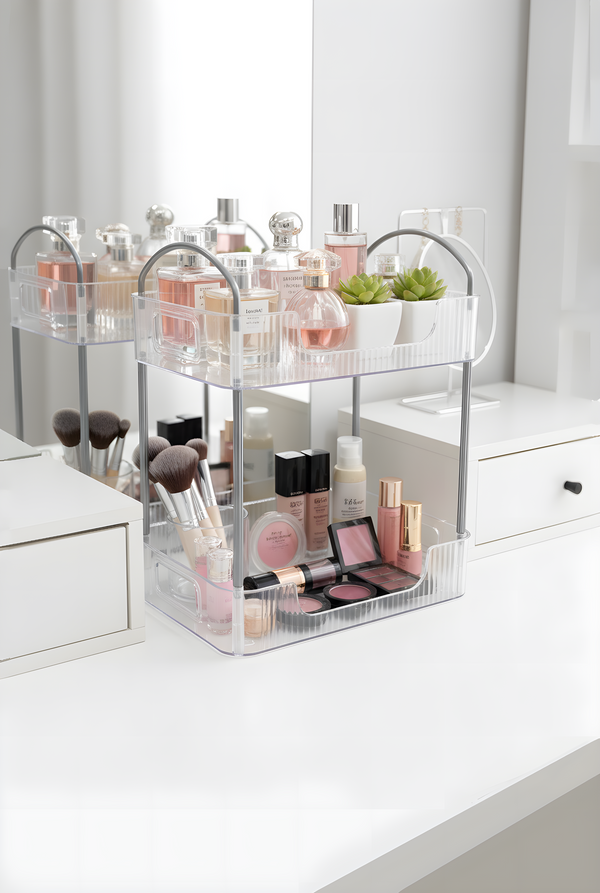 Şeffaf İki Katlı Makyaj ve Kozmetik Düzenleyici Raf