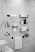 8'li Yapışkanlı Siyah Banyo Seti - Paslanmaz Metal Banyo Rafı Düzenleyici ve Aksesuar Seti