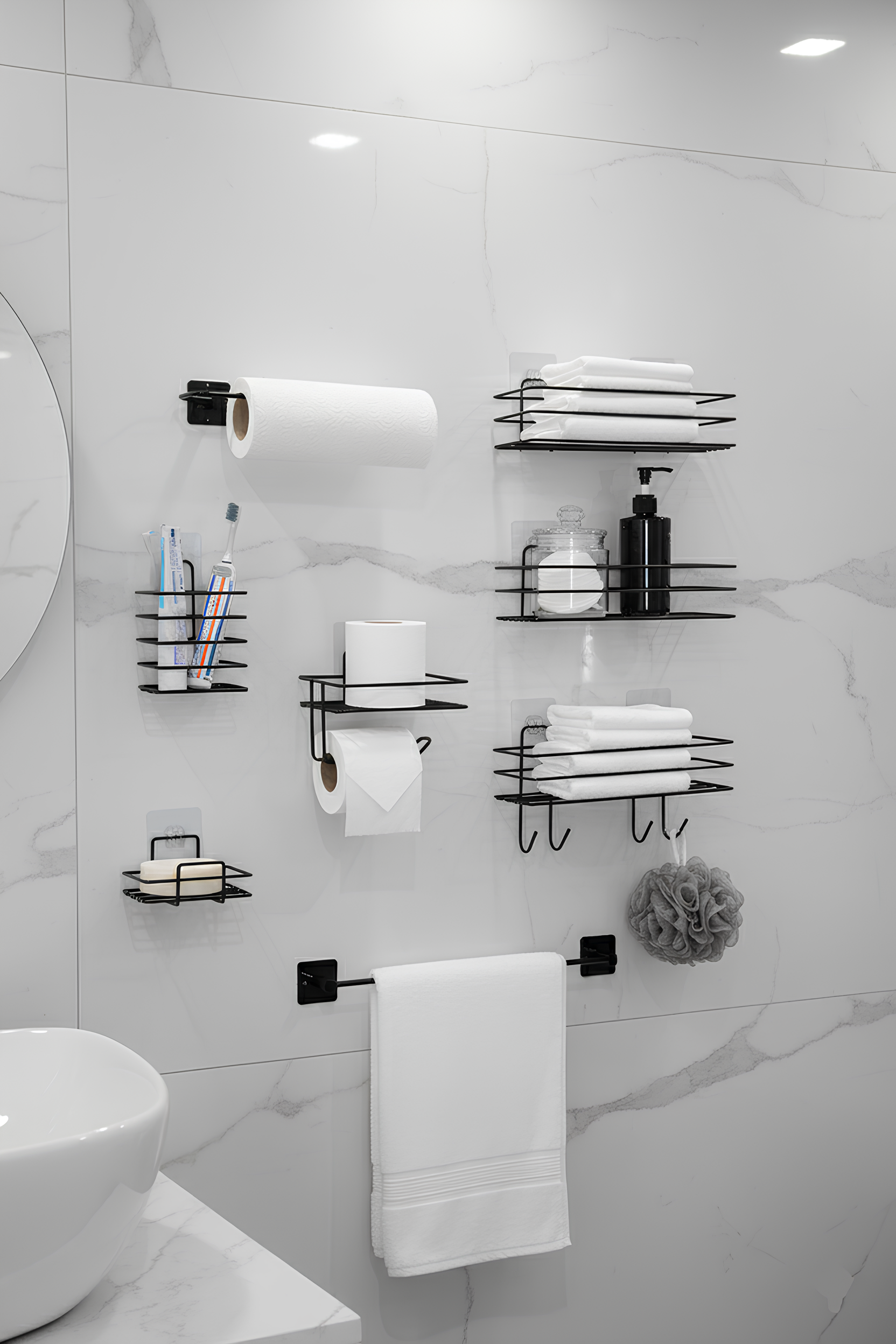 8'li Yapışkanlı Siyah Banyo Seti - Paslanmaz Metal Banyo Rafı Düzenleyici ve Aksesuar Seti