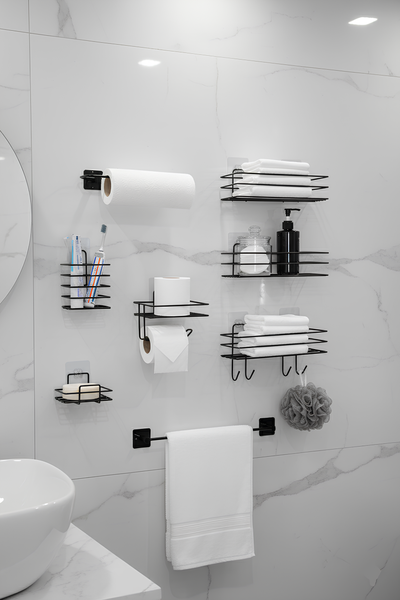 8'li Yapışkanlı Siyah Banyo Seti - Paslanmaz Metal Banyo Rafı Düzenleyici ve Aksesuar Seti